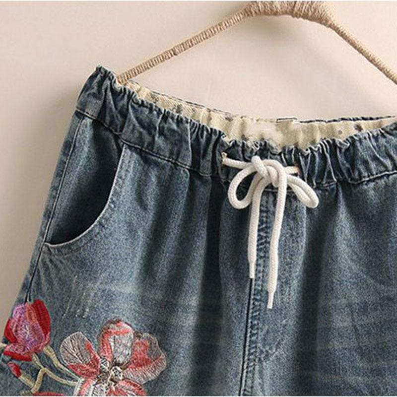Indie Folk Embroidery Denim Vintage Elastic High Waist Loose Wide Leg Women's Pants Calf-Length Pants for Women Clothing Fashion