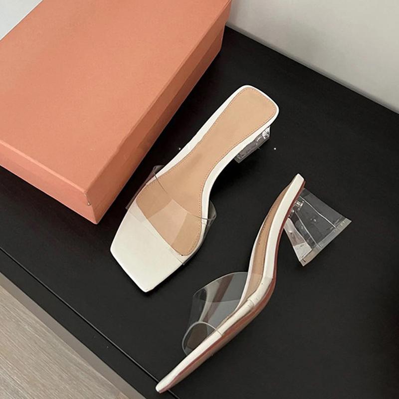 

Fashion Elegant Nude Pink PVC Transparent Mule Sandals Woman Crystal Heel Slides Ladies Square Toe Silver Rhinestone Slipper Shoes 35