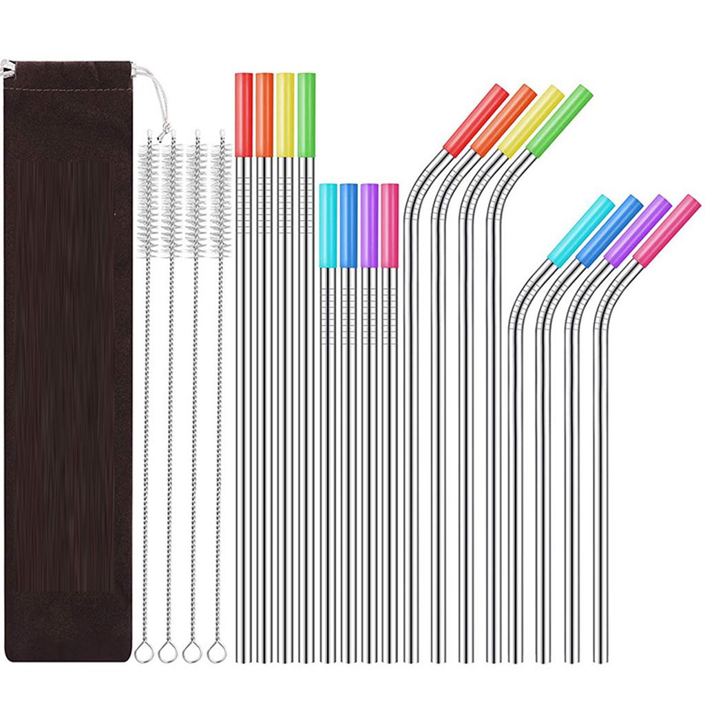 21 Piece Stainless Steel Straw Set with Silicone Tips and Cleaning Brushes Reusable Metal Straws for Cold and Hot Beverages Includes Carrying Pouch