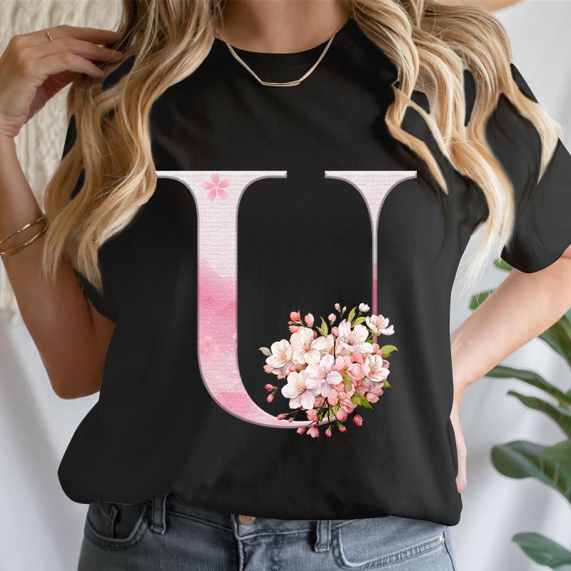 Y2k Cherry Blossom Letter Az Tshirts Unisex Pink Floral Aesthetic Alphabet Tees Short Sleeve Boho Chic Tops Mama Gifts Tshirts