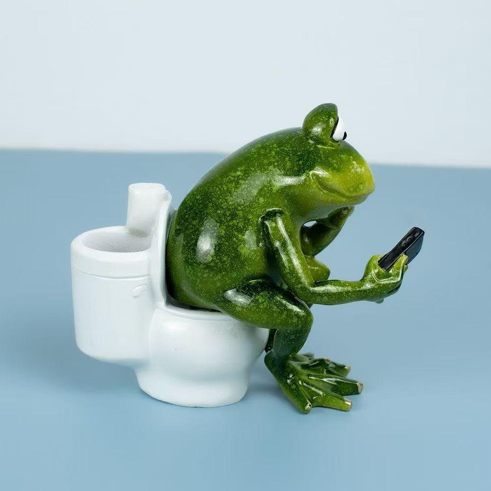 Statua di Rana Fantasiosa sul WC, Organizer Multifunzionale con Portapenne, Vaso Portaspazzole per Trucco e Posacenere, Decorazione da Scrivania Originale