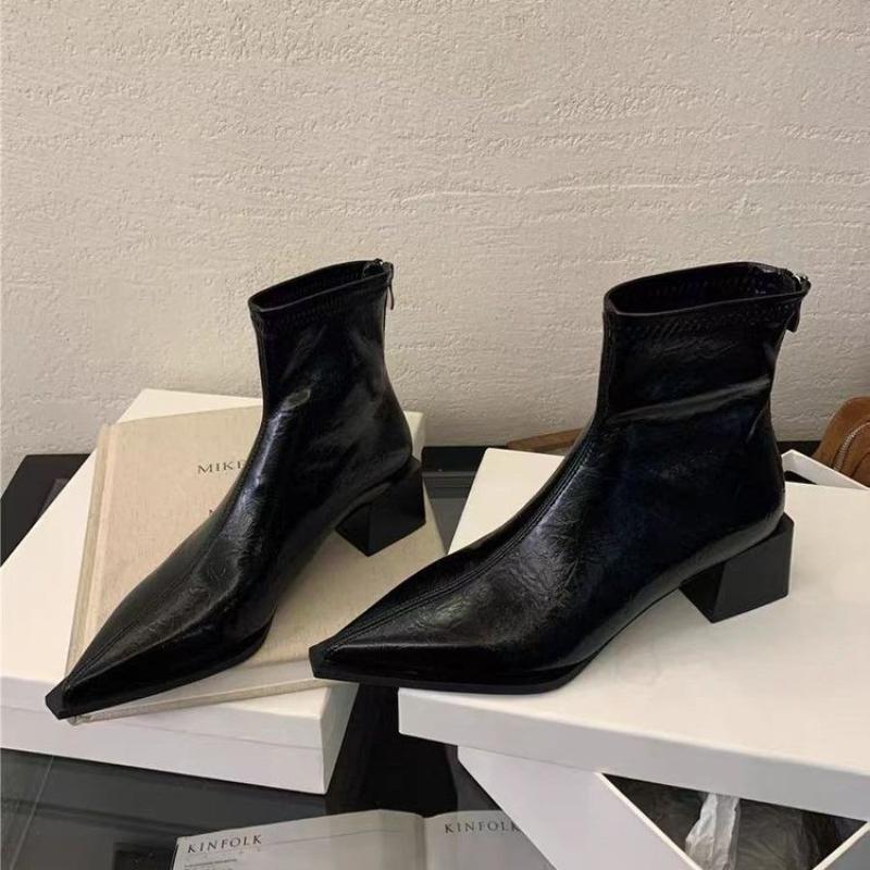 Fashion Pointed Toe Modern Ladies Short Boots Shoes Female Square Heels Women Ankle Stretch Boots Zippers Shoes Pumps 35-42