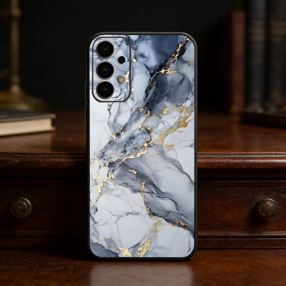Watercolor Marble Silver Plated Inside Phone Case For Samsung S25,S24,S21,S22,S23,S30,Ultra,S20,Plus,Fe,Lite Black Shell