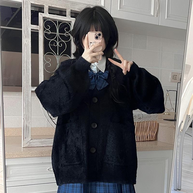 

Autumn and winter loose knitted cardigan women s versatile loose casual lazy imitation mink sweater jacket top One size чёрный