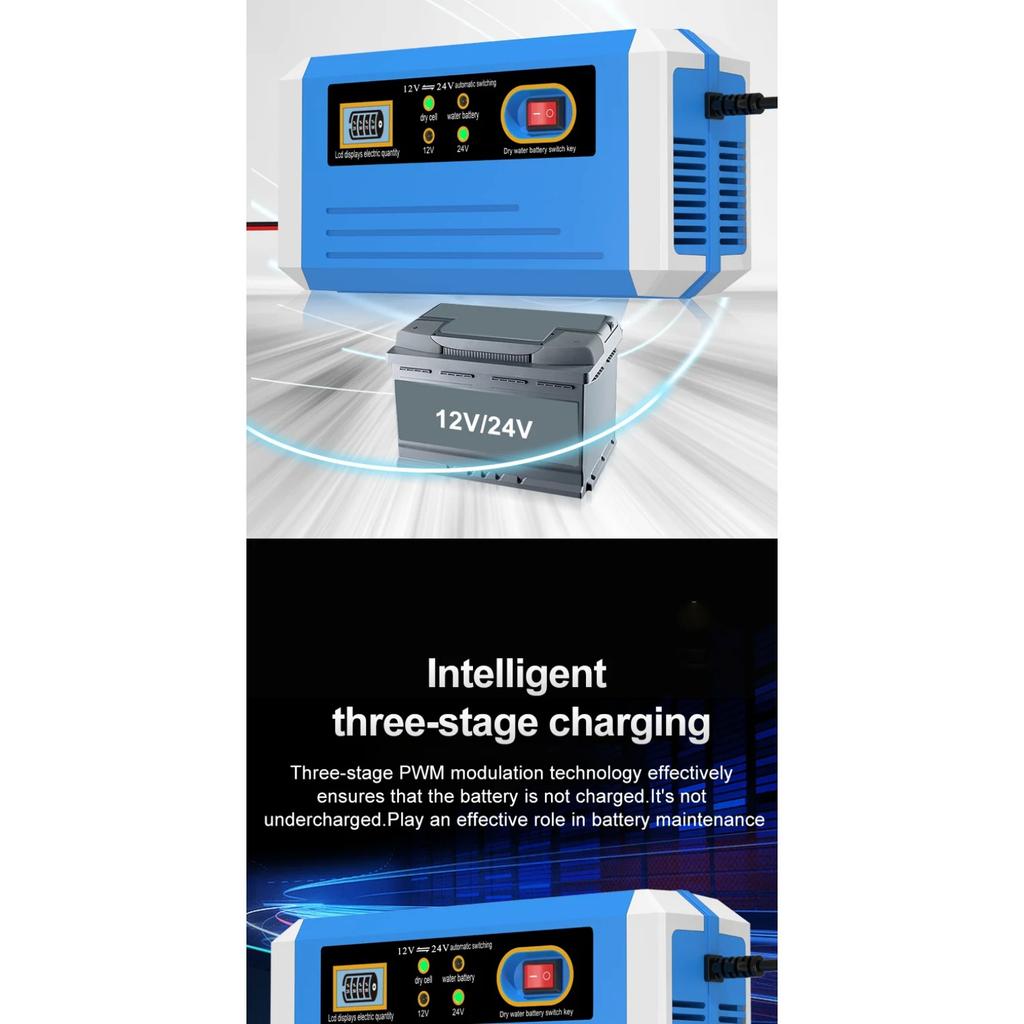 Batterieladegerät 10-Amp 12V & 24V Vollautomatisches Smart-Autobatterieladegerät mit Batterieerhalter, Erhaltungsladegerät und Batterie D