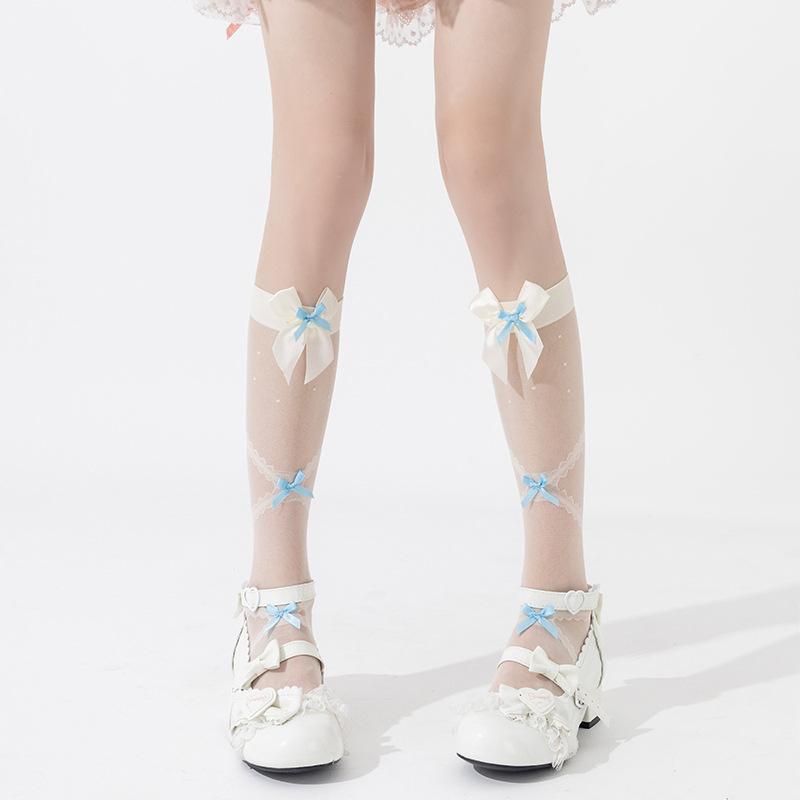 

Женские весенне-летние тонкие носки до икры с крестообразным ромбовидным узором и милым бантиком 1 pair синий/бежевый