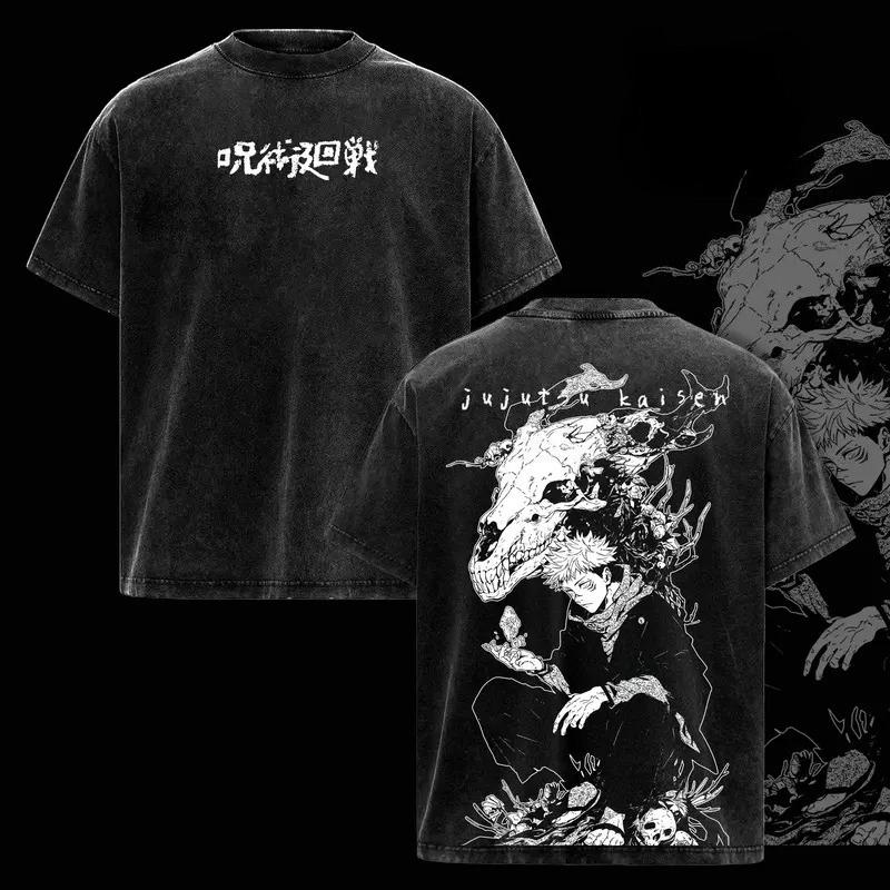 Itadori Yuji Jujutsu Kaisen Anime Clothing Men Women Oversized T-shirts Washed Cotton T Shirt Vintage Tshirt Harajuku Male Tops