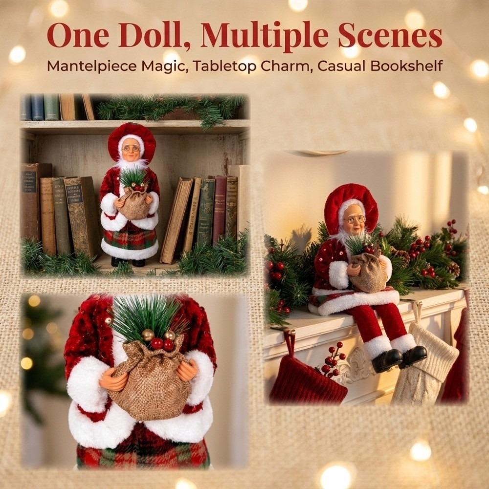 Standing & Sitting Mrs. Claus Christmas Statue Pine Berry Red Plaid Sequin Xmas Figurine Felt Faux Wool Ornament Mantel