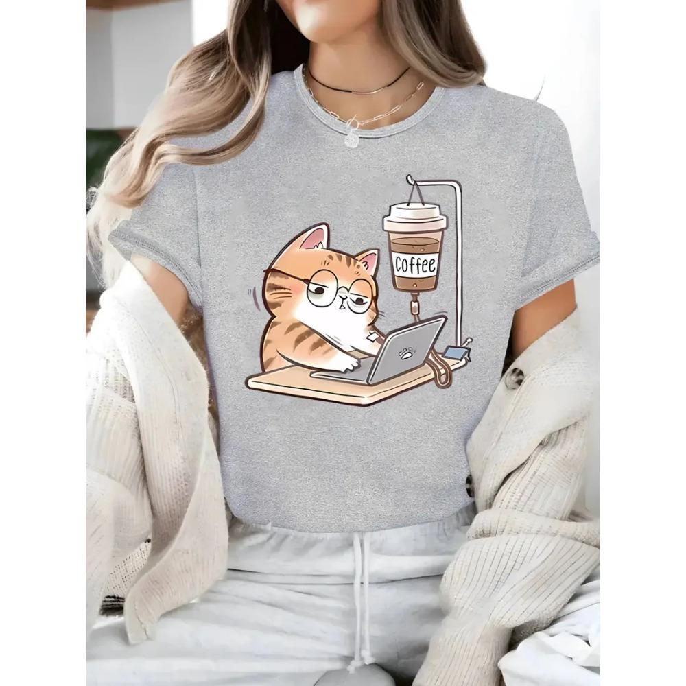 All Season Fashion WomenS Casual Crew Neck T-Shirt with Cartoon Cat Streetwear