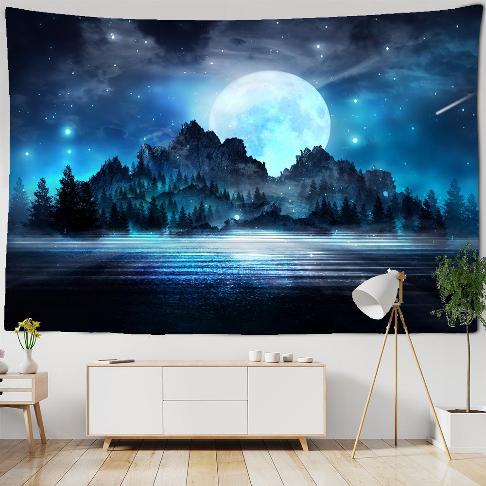 Universe Galaxy Beautiful Earth Moon Under Night Sky Printed Tapestry Wall Hanging Decoration Cloth Bohemian Hippie Tapestries