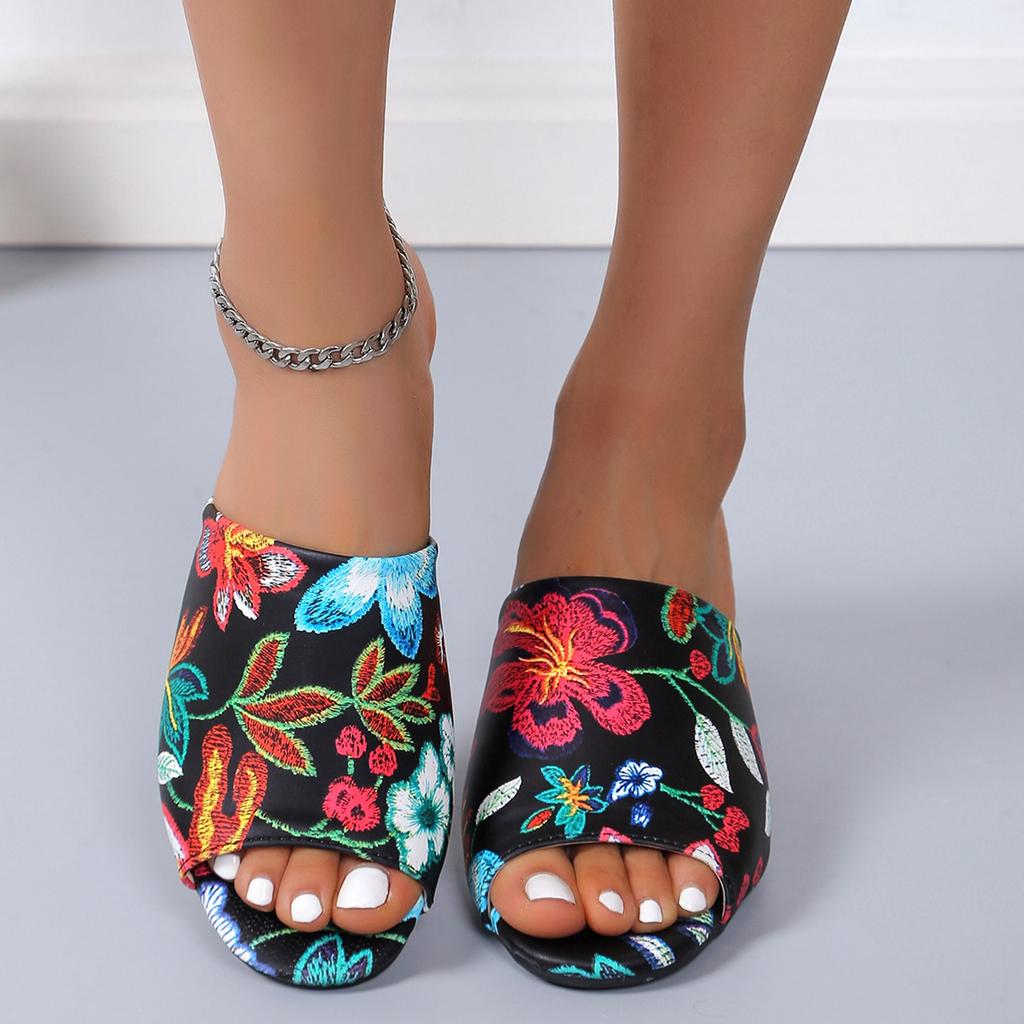 Floral Print Peep Toe Sandals for Women Summer New Fashion Chunky Heel Wedge Shoes Women's Casual Outdoor Slippers Sandalias
