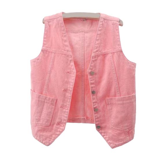Vestă Dama Denim cu Buzunare Fără Mâneci cu Nasturi Largă Culoare Solidă Cardigan Gât în V