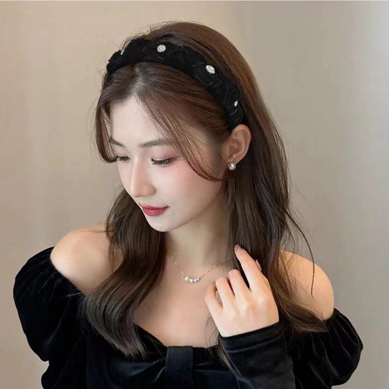 Korean Vintage Velvet Rhinestone Braided Wide Edge Headband Black High Cranium Hairpin Out Headband