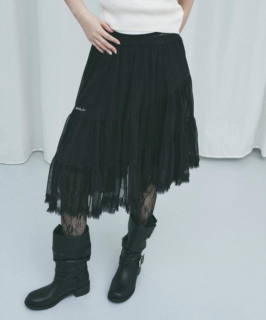 Nigaennikol Tiered Sheer Long Skirt_Black