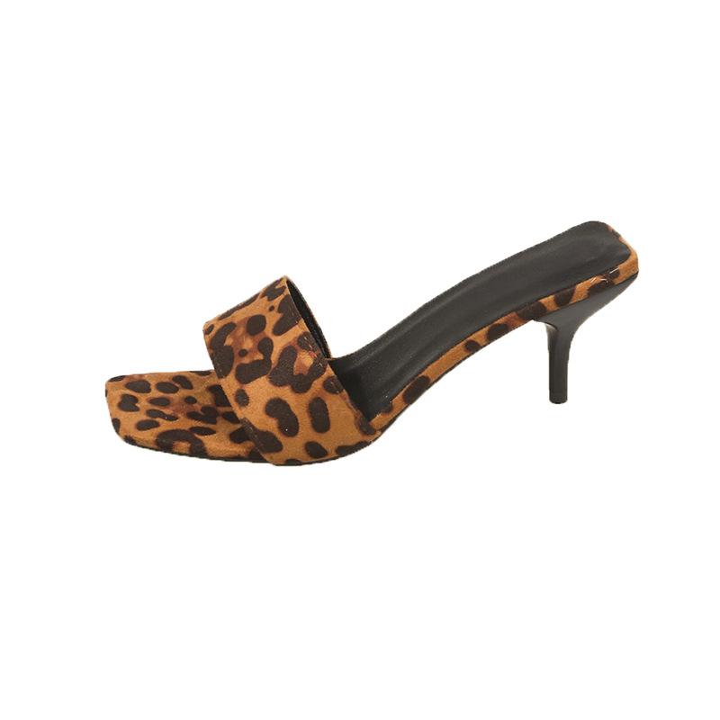 High heels summer new one-character leopard print square head thin heel large size 4142 cool slippers women's outer wear empty