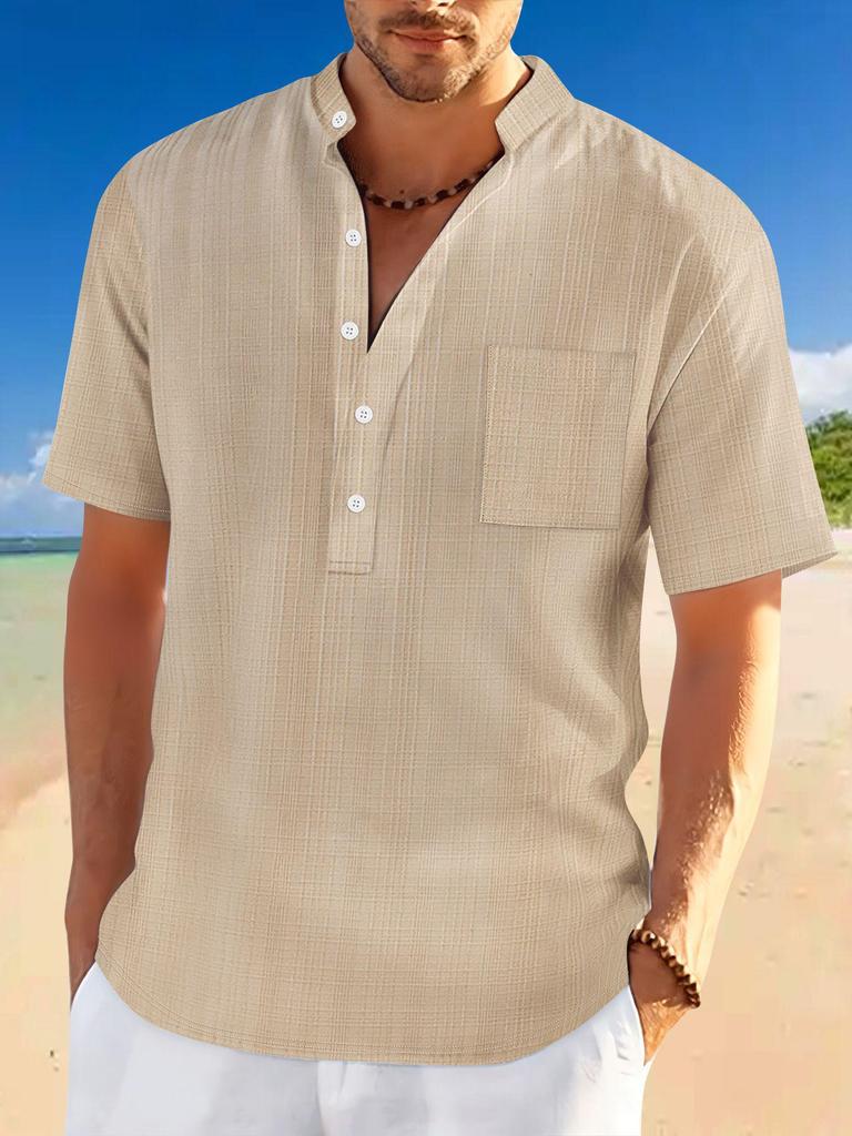 2025 Spring/Summer Men's Stand-Up Collar Short-Sleeve Henley Shirt - Loose Casual Vacation Style