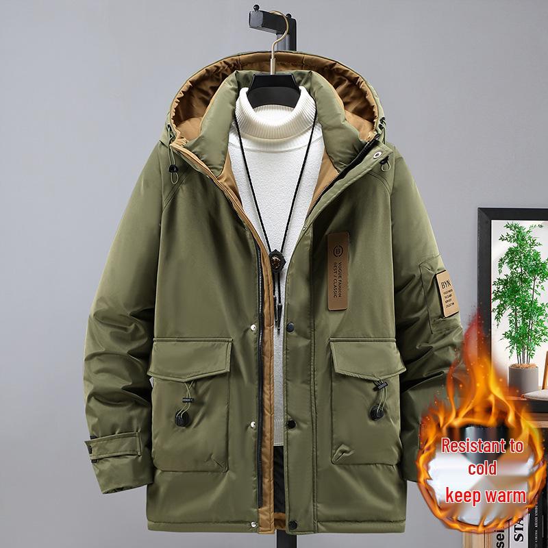 2025 Winter Extra Large Men's Japanese-Style Hooded Cotton Workwear Jacket - Trendy Mid-Length Casual Coat, Plus Size, Warm.