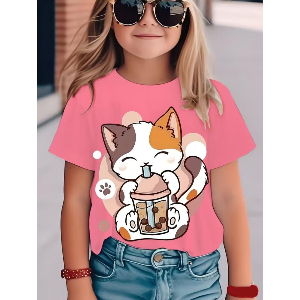 Girls' clothing 3D printed children's T-shirt round neck girls' short sleeved T-shirt comfortable children's clothing
