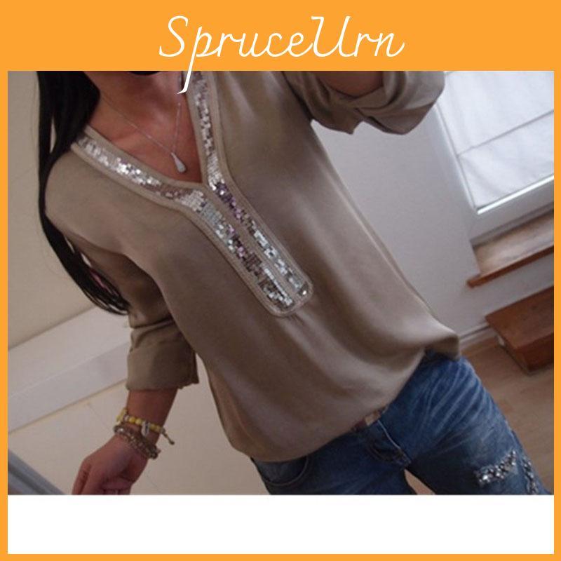 Elegante Damen-Langarm-Paillettenbluse mit bequemem Übergrößen-Schnitt