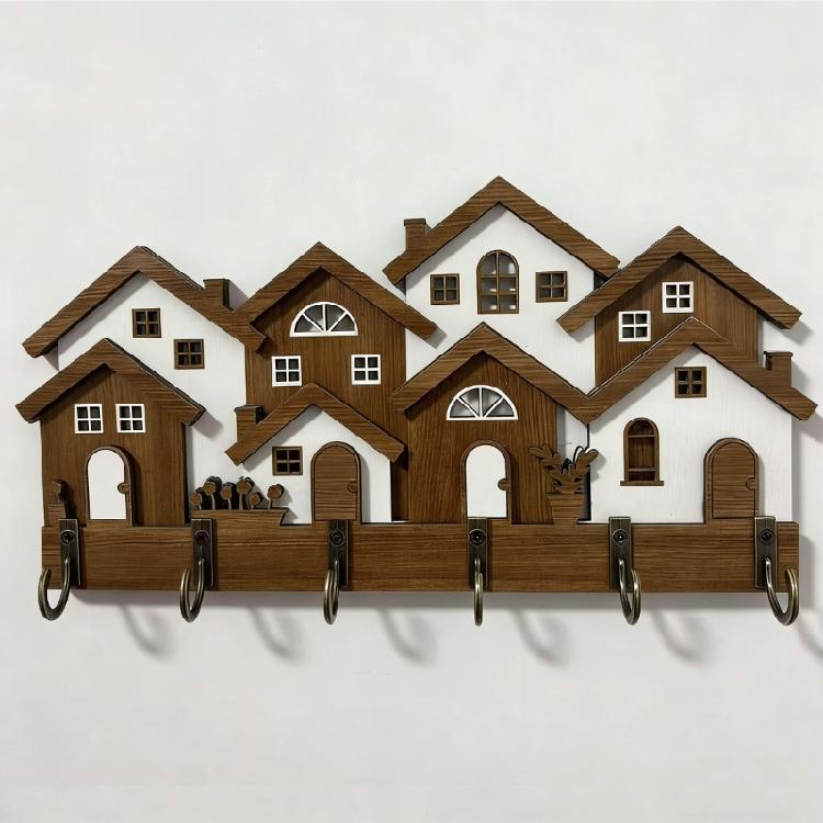 Elegant Decorative Wood 3D House Key Holder Wooden Hanger Wall Mounted Organizer For Home And Offices