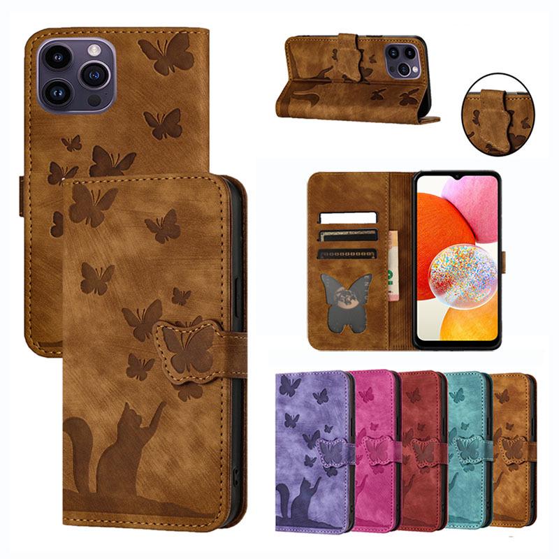Butterfly Cat Embossed Leather Flip Case for Apple iPhone Pro Max SE3 - Card Holder for Women