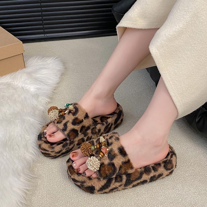 Mao Mao Slippers New Leopard Print Slippers In Autumn and Winter 2025 Wear One-word Crossed Cotton Slippers Outside the Home