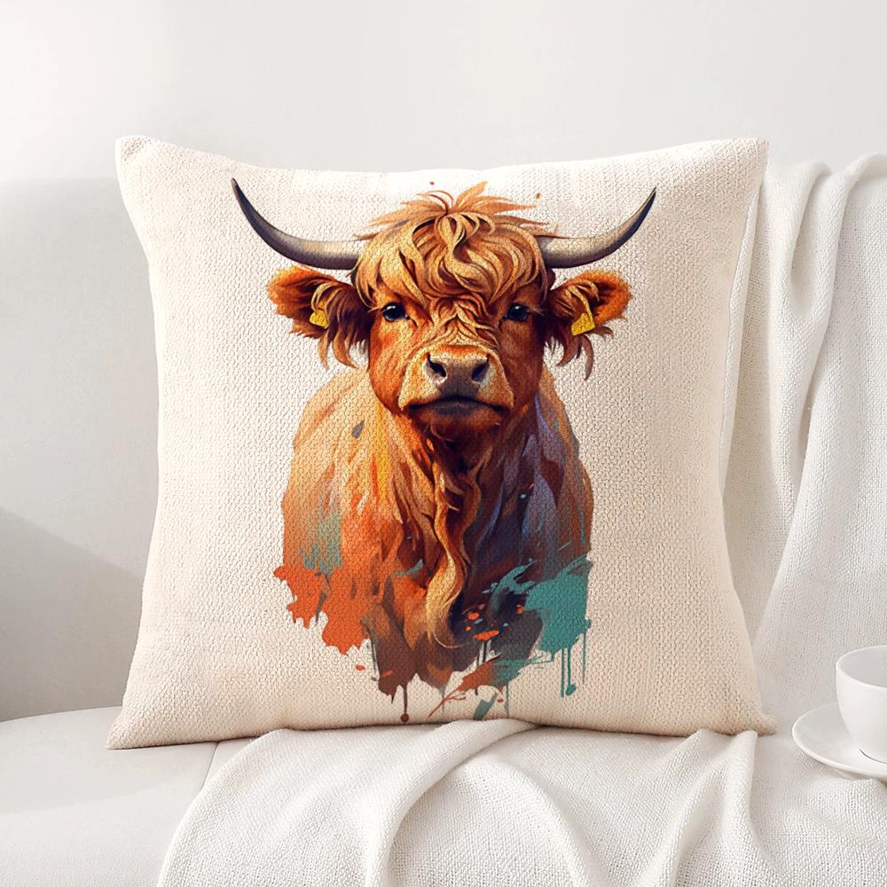 Hochlandrind und Blume Kissenbezug Natürlicher Leinen Bio-Stoff Beidseitiger Druck Sofa Heimdekor Geschenk Kissenbezug