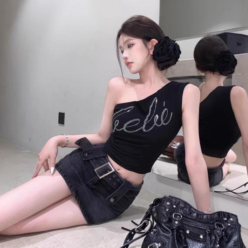 Pure & Sexy Rhinestone One-Shoulder Crop Top - Slimming Summer Tank for Women