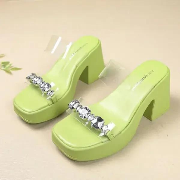 Transparent Slippers Female Shoes Platform Square heel Slides Jelly Flip Flops Women Heels 2025 Block Glitter High Crystal