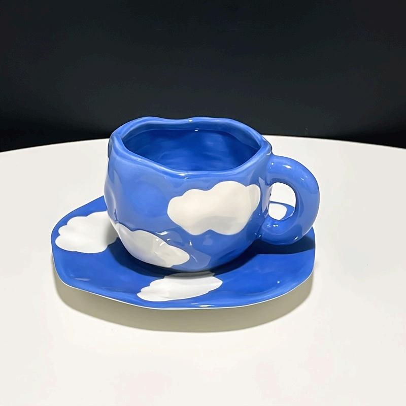 Reusable Ceramic Coffee Cup, Saucer Set with Blue Sky and White Cloud Design, Perfect for Breakfast and Afternoon Tea, Hand Wash Only