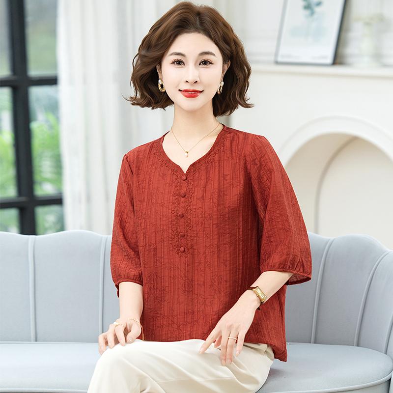 Middle Aged And Elderly Women's Casual Breathable Round Neck Short Sleeved Chinese Style T-shirt Western Style Top For Women