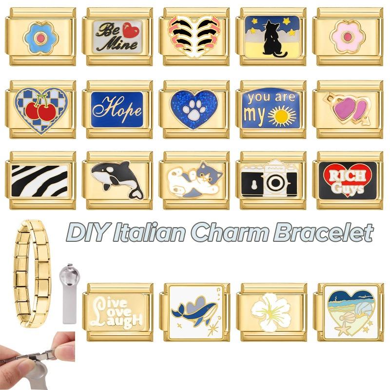 Y2K Golden Charm Camera Heart Cherry Shark Cat Sun Italian Charm Links Fit 9MM Bracelet Stainless Steel DIY Jewelry Making Gifts