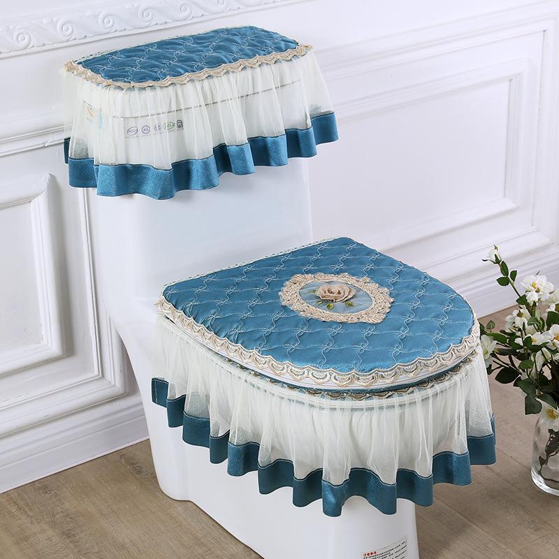 

3pcs European Jacquard Toilet Seat Mat Seasonal Universal Lace Toilet Cover Zipper Style Large Skirt Closestool Cover Cushion