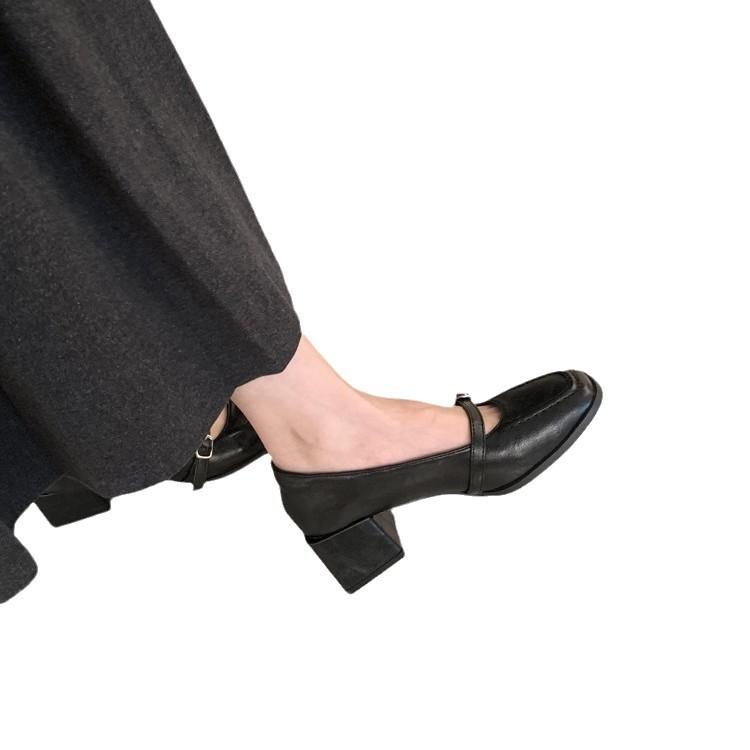 Retro Thick Heel Shoes Single Shoes Women's Shoes New Spring and Autumn Black Mary Jane Small Leather Shoes