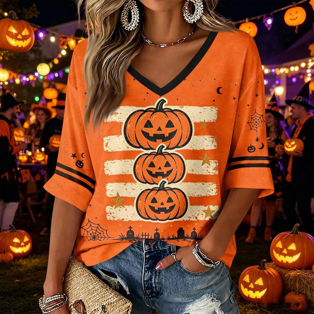 Women's Casual Fashion Three-Quarter Sleeve V-Neck Top with Halloween Print