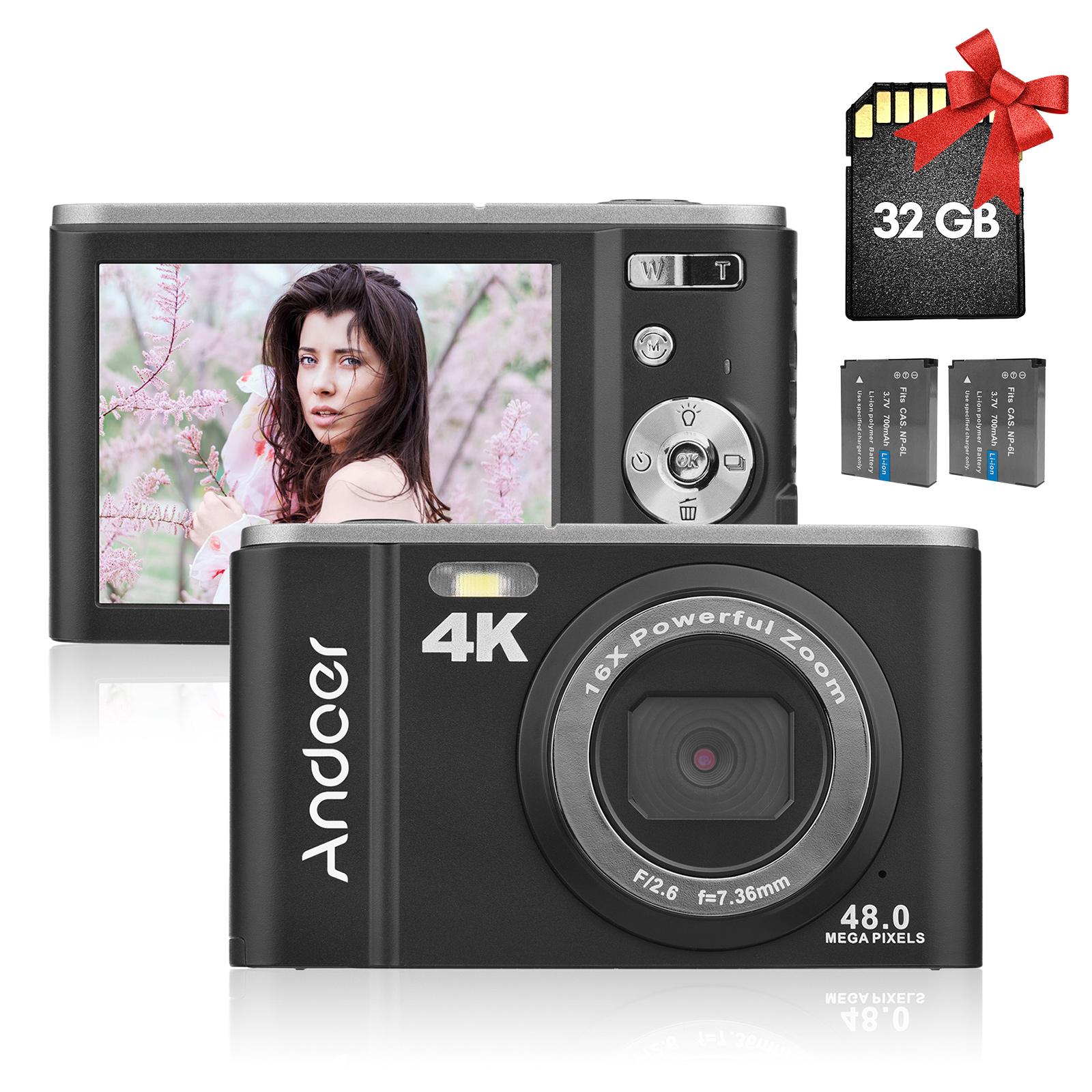 Andoer draagbare digitale camera 48 MP 4K 2,8-inch IPS-scherm 16X zoom Zelfontspanner 128 GB uitgebreid With 32GB Memory Card zwart