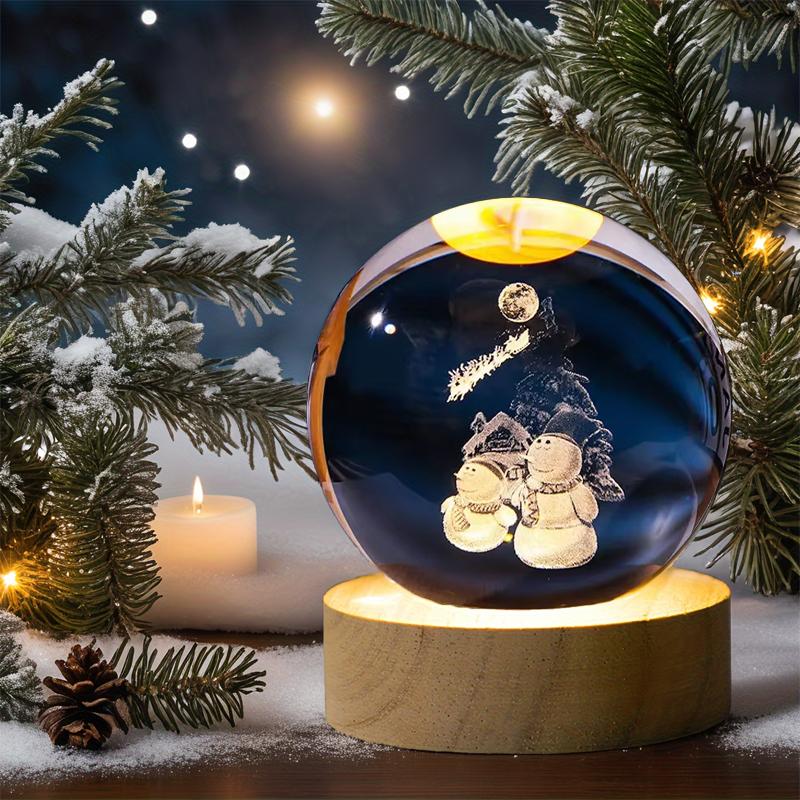 Christmas 3D Crystal Ball Night Lamp USB Santa Claus Engraved Glass Light Wooden Base Xmas Decor Gift for Home Office Desktop