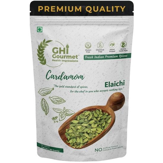 GOURMET HEALTH IMPRESSIONS Superior Grade Whole Green Cardamom (Elaichi) 50g - 8MM BOLD Size | Large Size | Aromatic Green Pods 50GM