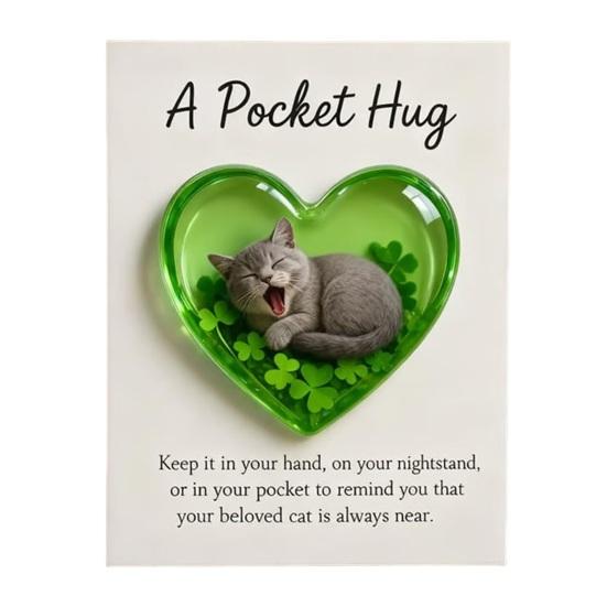 Cat Memorial Pocket Hug with Inspirational Card Emotional Support Heart-Shaped Sleeping Cat Charm Keepsake Figurine Decoration Cat Owners Lovers Gift
