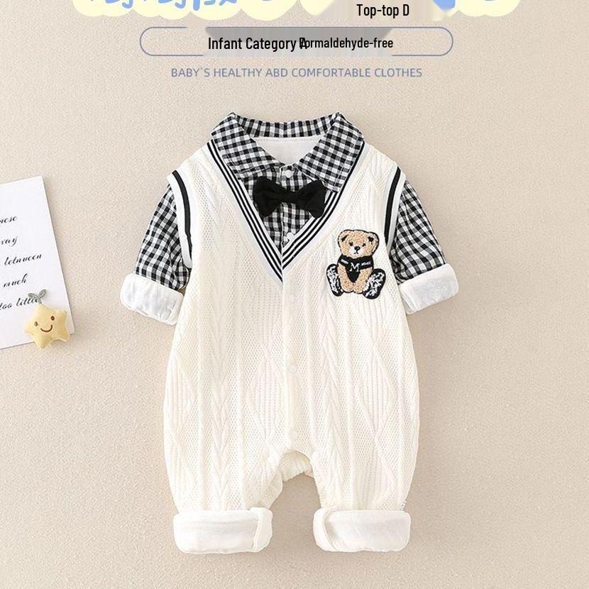 Baby Boys' and Girls' Long-Sleeve Gentleman Bear Knitted Two-Piece Bodysuit for Spring and Autumn