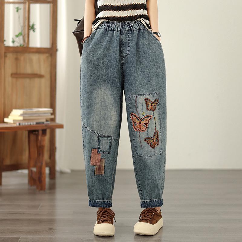 

Plus Size Artistic Embroidered Casual Harem Jeans Large светло-синий