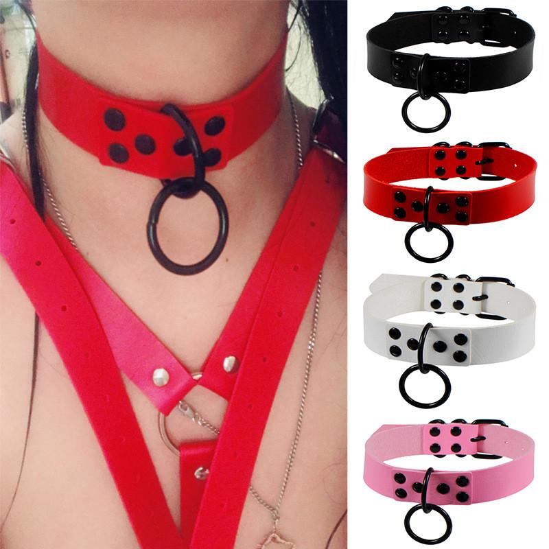 New Black Round Punk Gothic Choker Necklace Handmade Collar belt Necklaces Leather choker bondage party jewelry chunky necklace