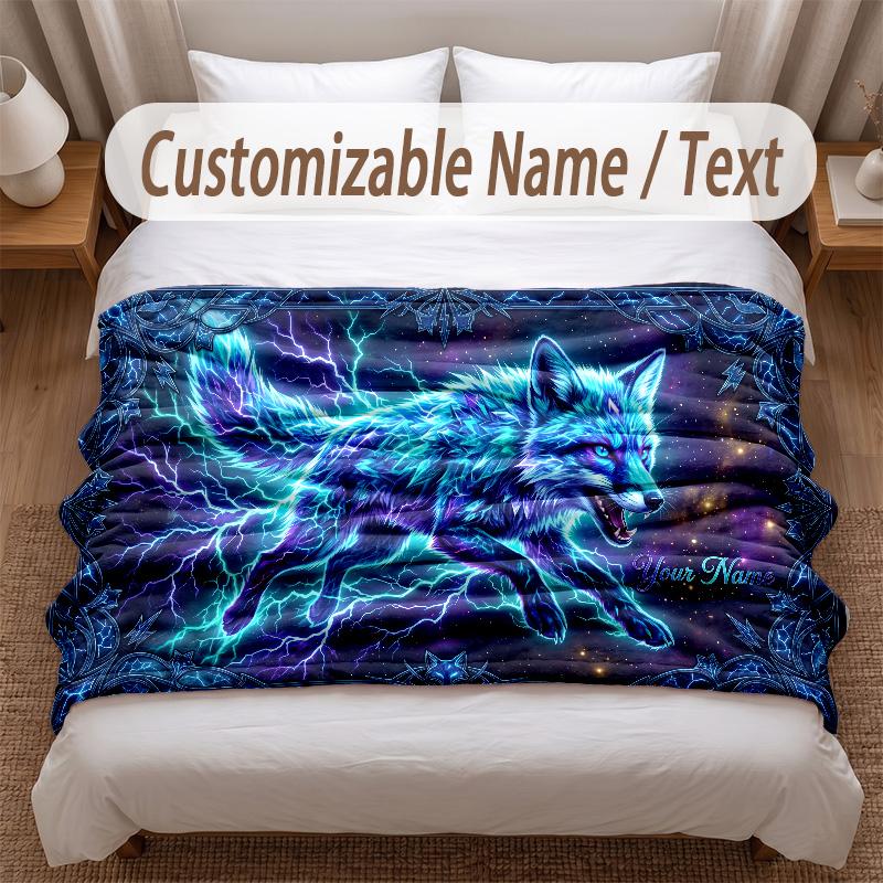 Wolf Theme Soft Blanket Personalized Custom Name Text Print Warm Blanket Home Sofa Bedroom Decor