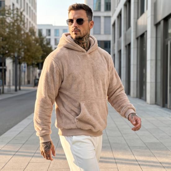 Codzienna Casualowa Streetwear Męska Pluszowa Bluza z Kapturem, Polarowy Pulower Teddy z Kieszenią Kangurką, Luźny Top z Kieszenią, Miękki Ciepły Zimowy Sweter