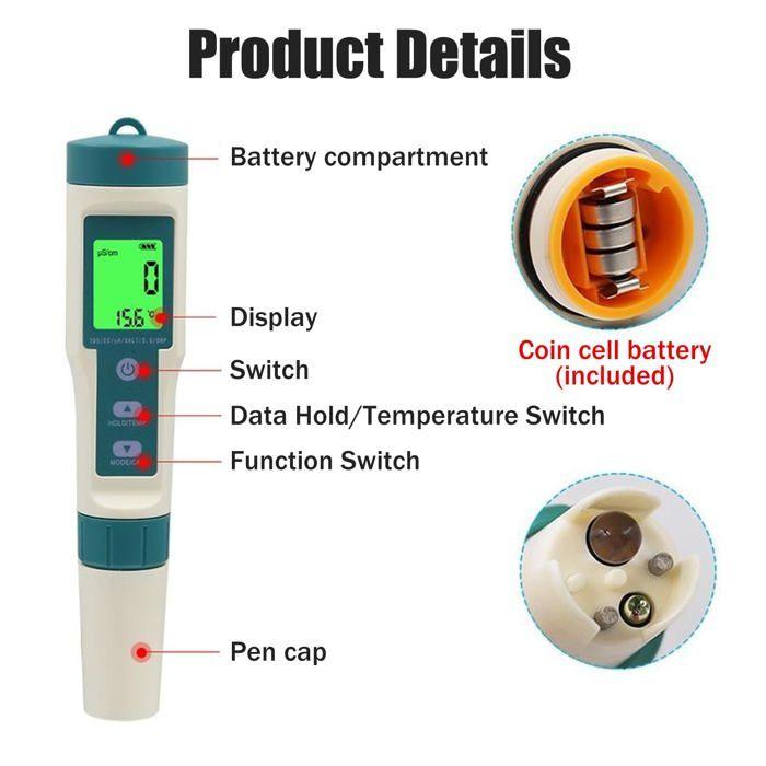 PH mètre électronique - AIMOONSA - 8 en 1 - PH/TDS/EC/ORP - Température & Salinité