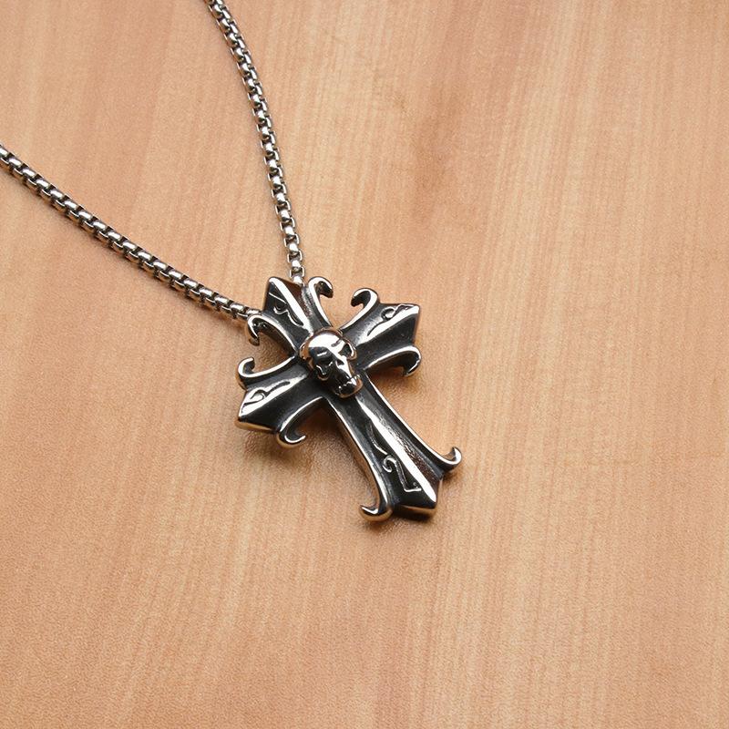 Titanium Steel Gothic Retro Cross Ghost Head Men's Pendant Necklace Fashion Punk Jewelry