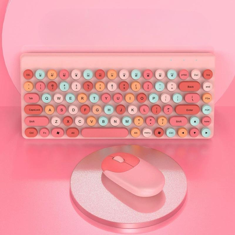 Portable Wireless Keyboard and Mouse Set Circular Keycaps Compact Computer Peripherals Office Games RGB Lighting Effects