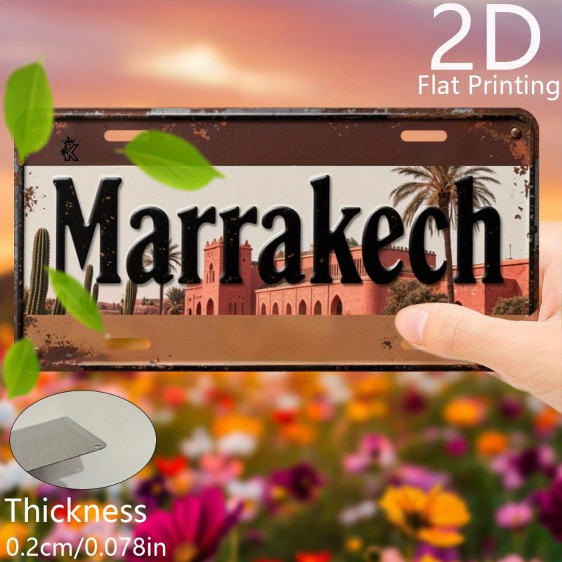 2D Flat, Retro Aluminum Plate, Decorative Plaque & Statues (6"x 12"), Marrakech with Desert Architecture, Travel Themed Decor