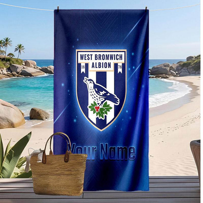 West Bromwich Albion FC Personalized Printed Beach Towel Soccer Logo Support Custom Name Text Absorbent Towel For Sport Travel Special Gift
