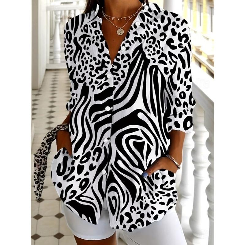 Damen Hemden Hemd Patchwork Knopf Druck Grafik Geometrisch Karriert Vintage Tropisch Alltag Langarm V-Ausschnitt Hemdkragen Langes Oberteil.